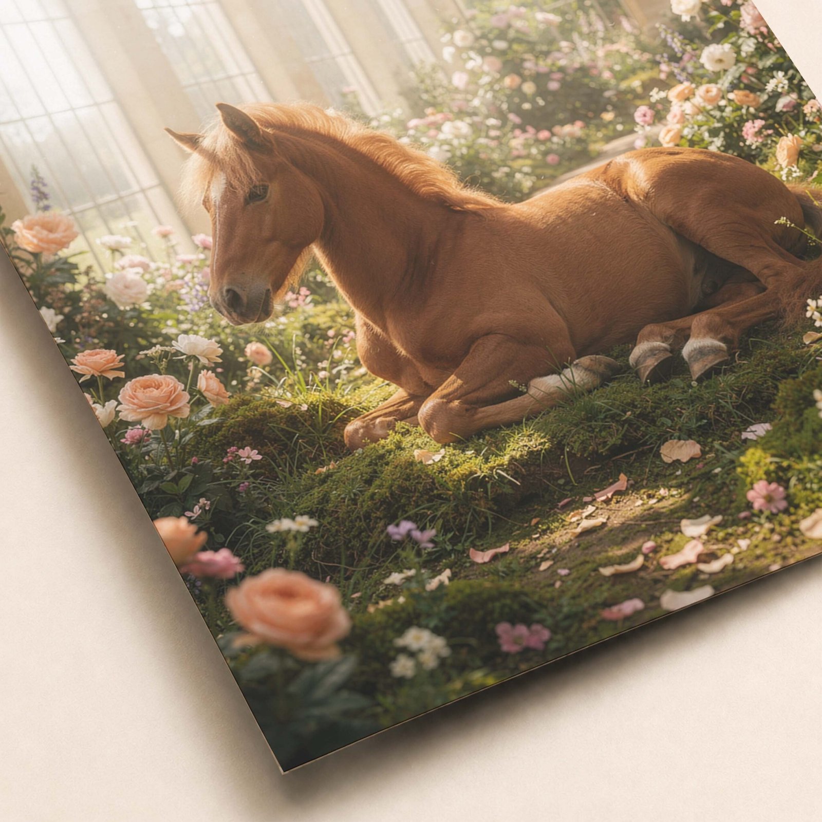 Affiche cheval dans un jardin fleuri