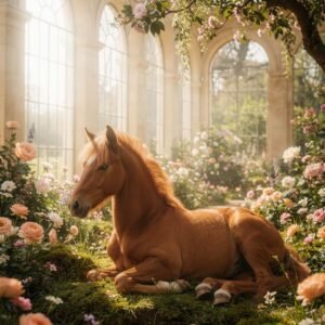 Affiche représentant un cheval dans un jardin fleuri