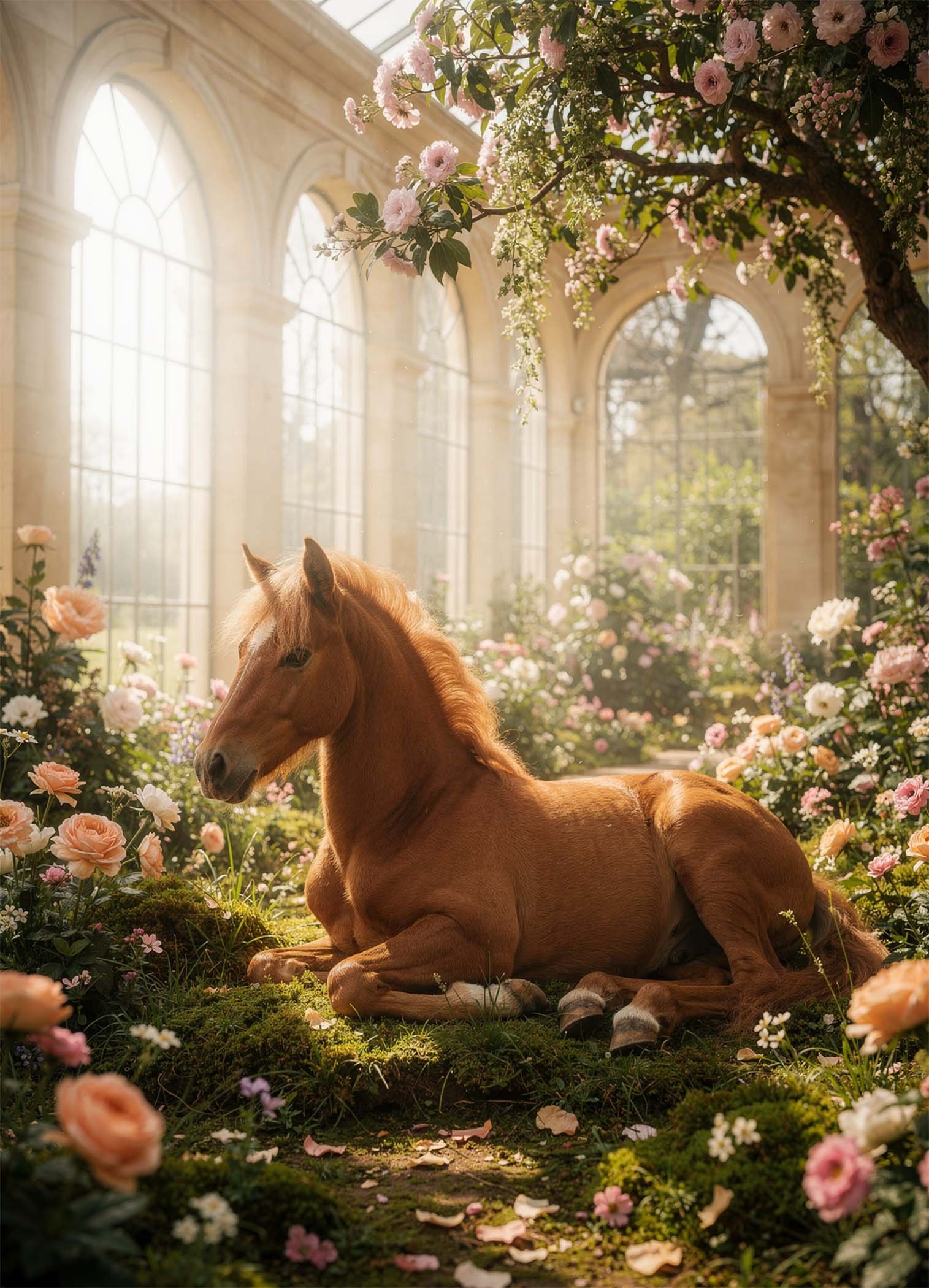 Affiche représentant un cheval dans un jardin fleuri