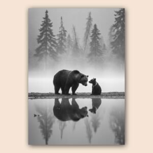 Affiche d'un ours et son ourson en noir et blanc