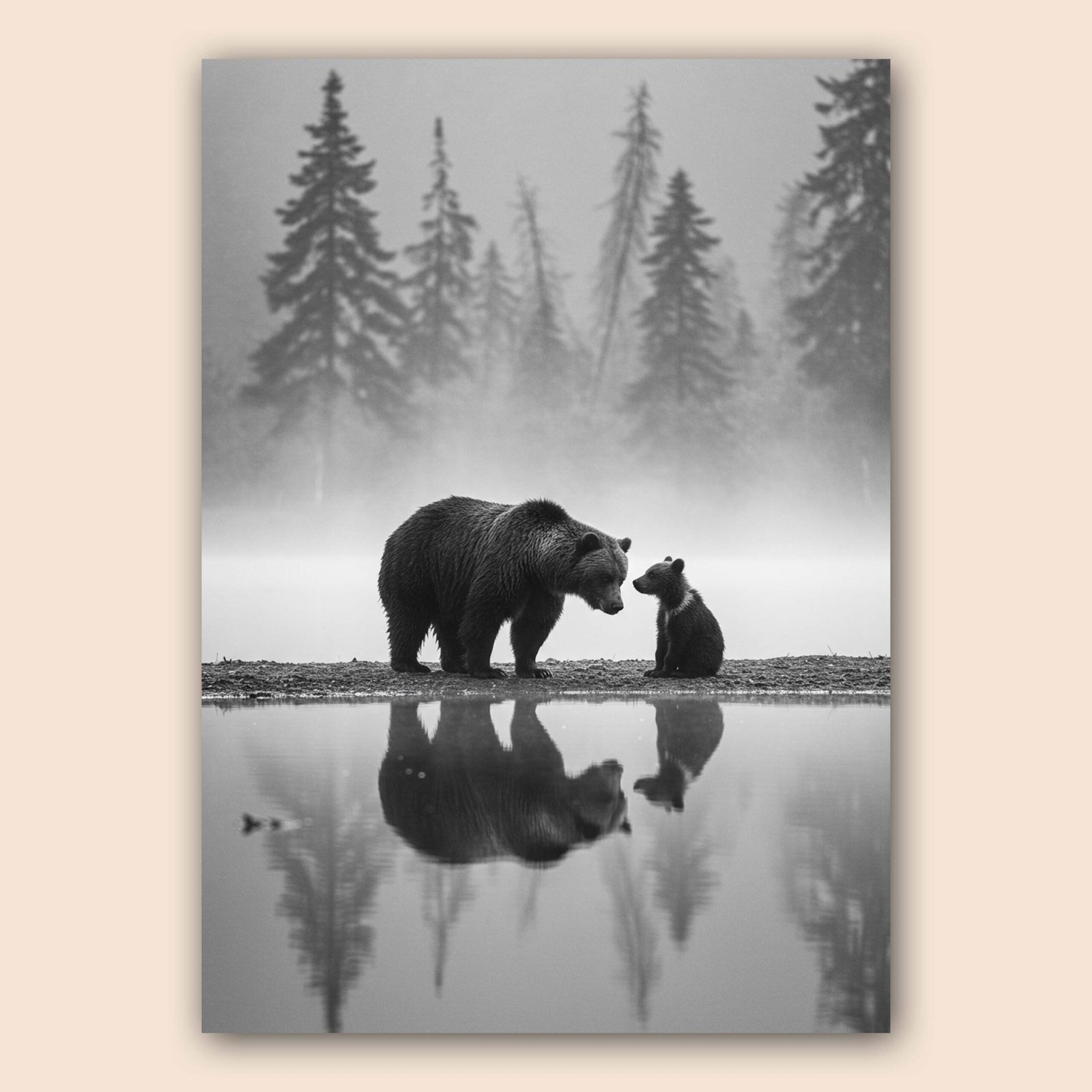 Affiche d'un ours et son ourson en noir et blanc