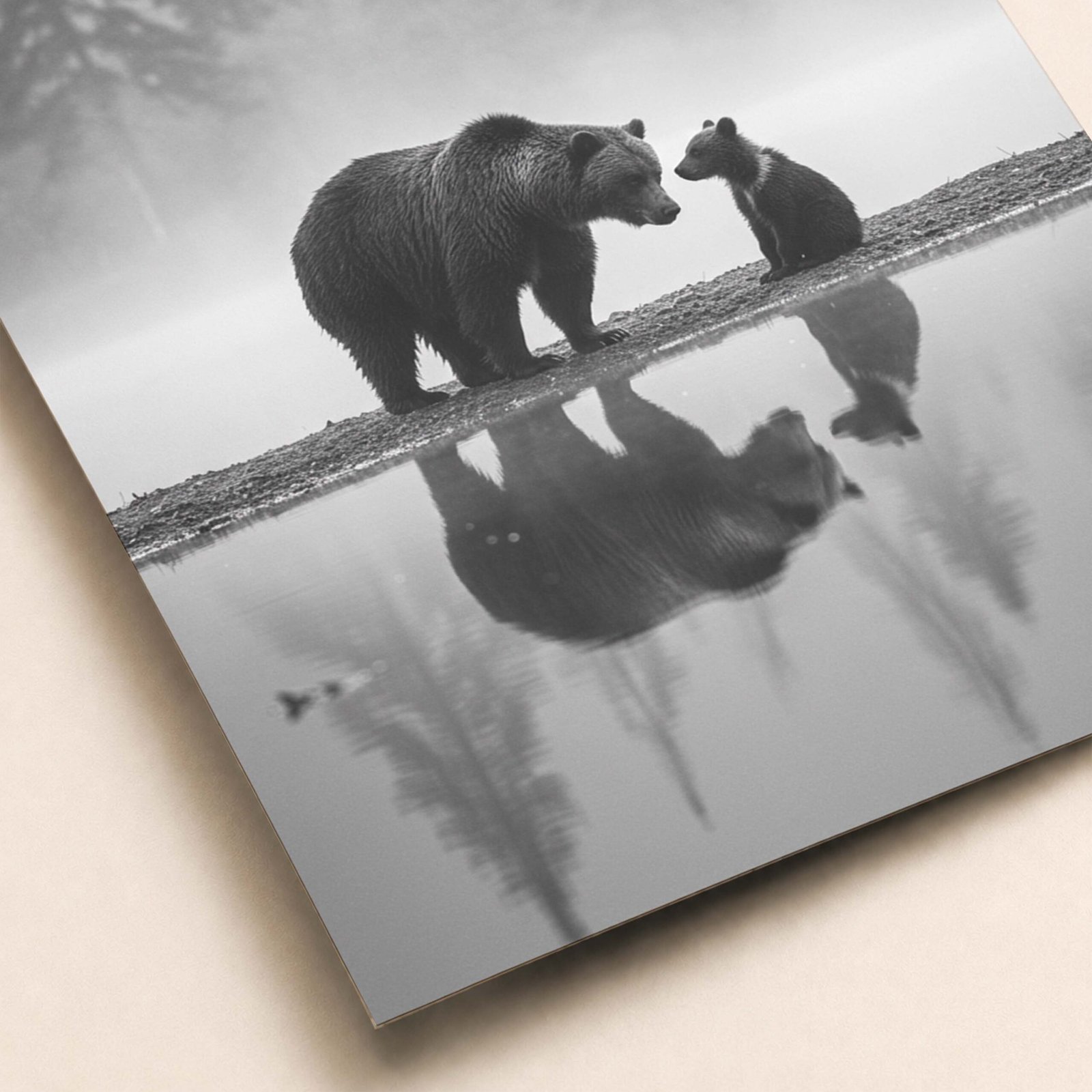 Affiche d'un ours et son ourson en noir et blanc