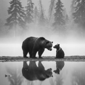 Affiche d'un ours et son ourson en noir et blanc