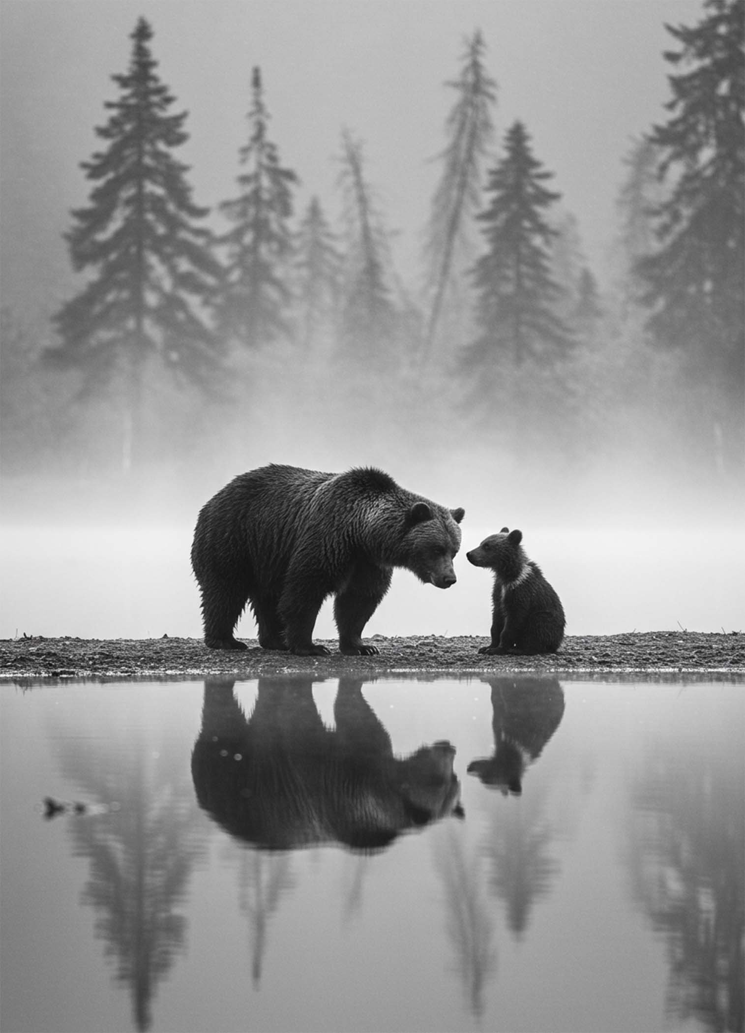 Affiche d'un ours et son ourson en noir et blanc