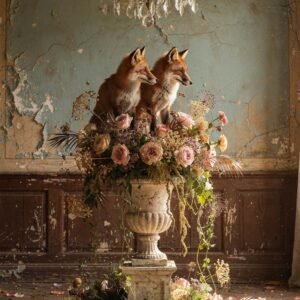 Affiche murale de deux renards entourés de fleurs