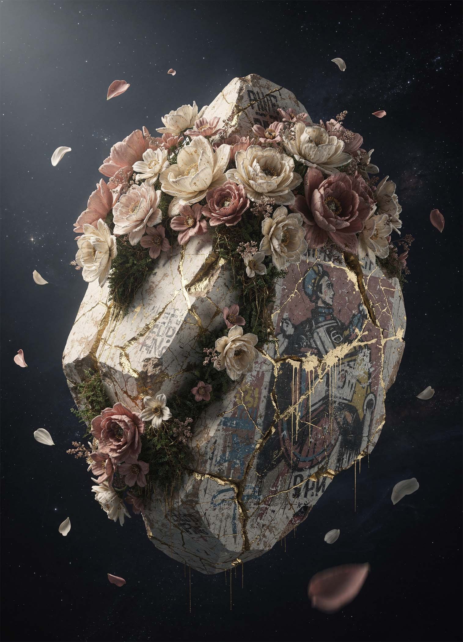 Affiche murale d'un rocher fleuri surréaliste