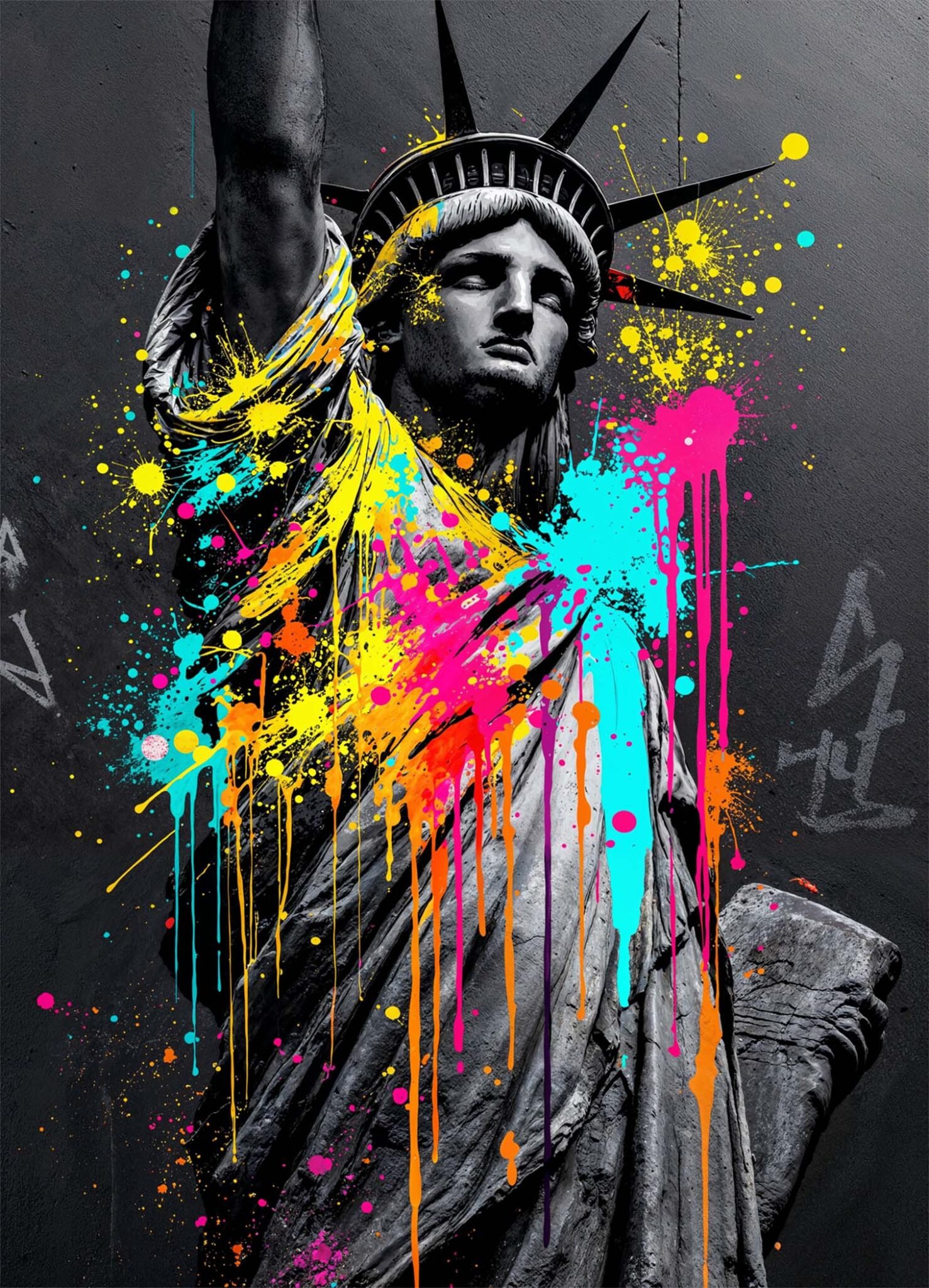 Affiche représentant la Statue de la Liberté en noir et blanc traversée d’éclaboussures jaune, rose et turquoise