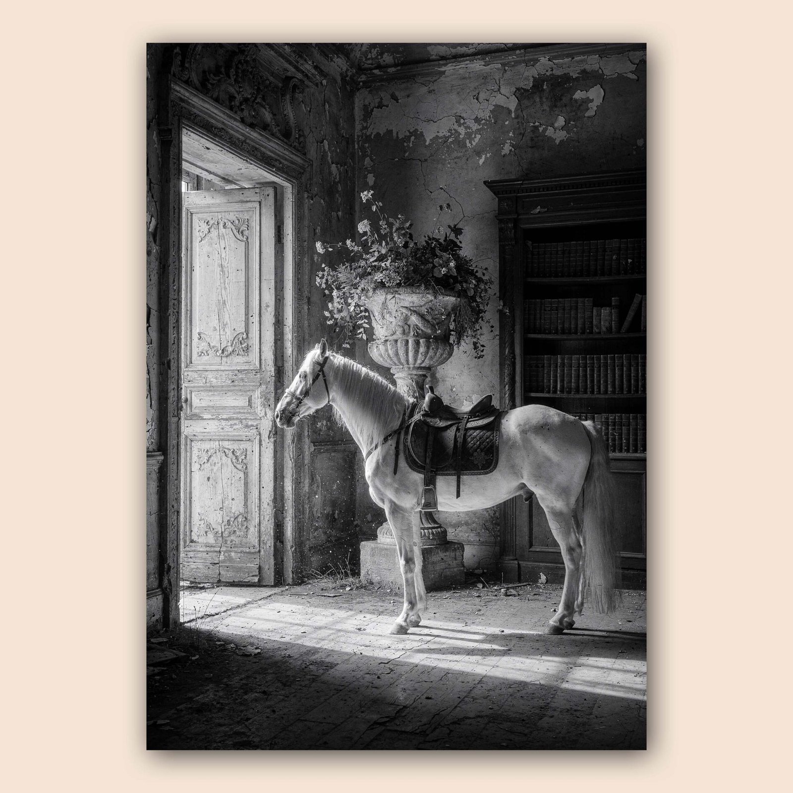 Affiche d'un cheval dans un décor ancien en noir et blanc