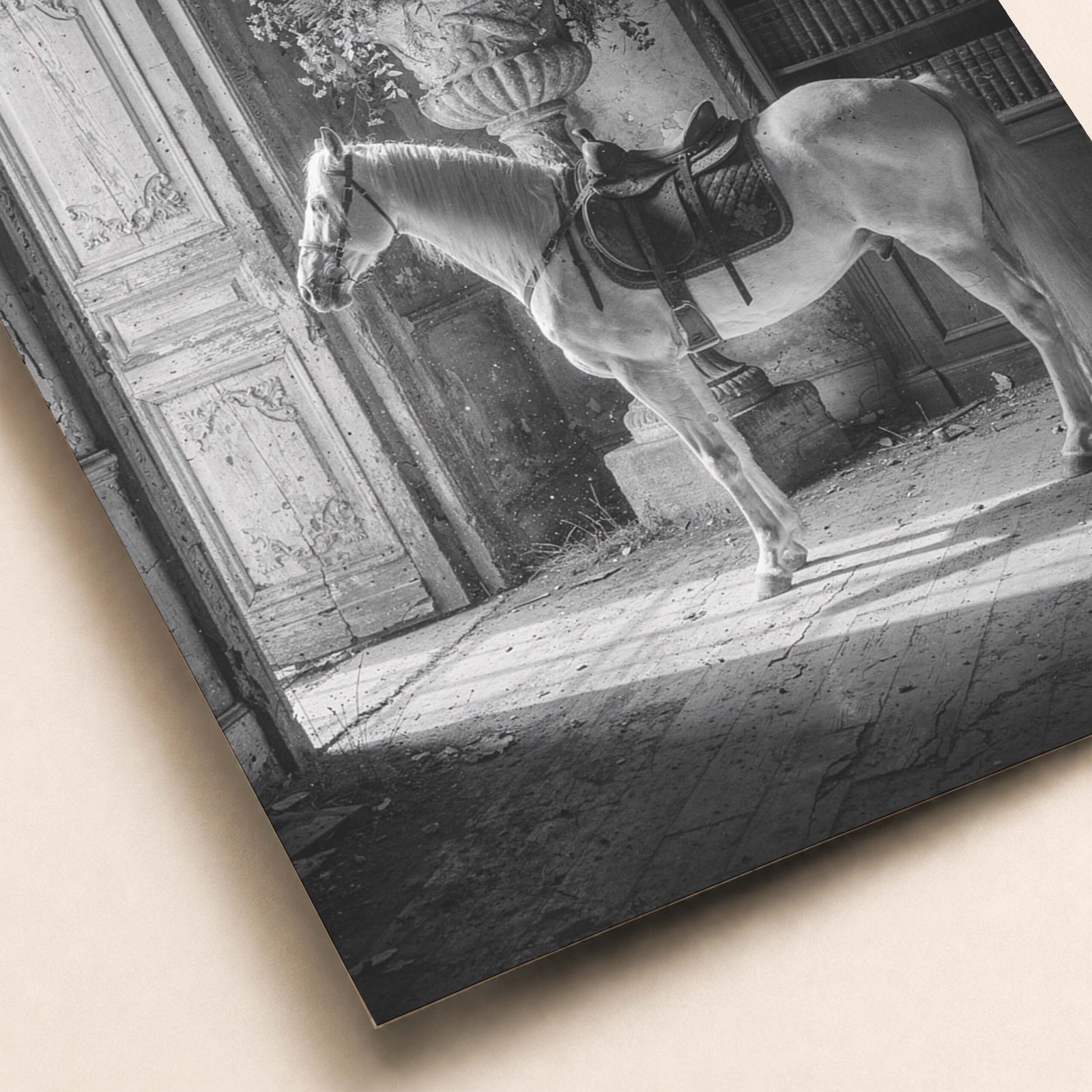 Affiche d'un cheval dans un décor ancien en noir et blanc