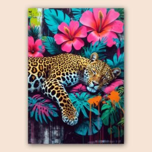 Affiche d'un léopard sur fond tropical