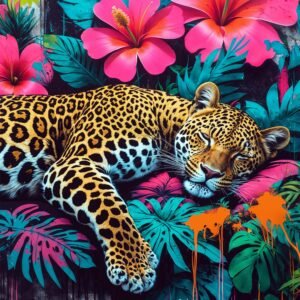 Affiche d'un léopard sur fond tropical