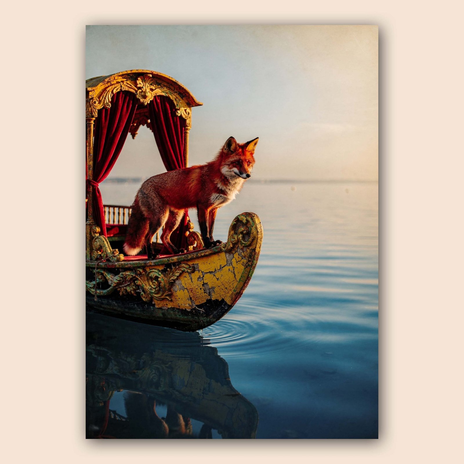 Affiche d'un renard sur une barque dorée