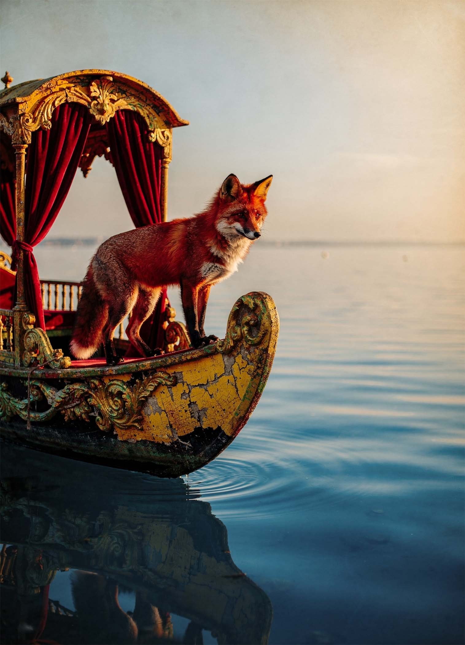 Affiche d'un renard sur une barque dorée