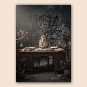 Affiche d'un singe pensif à un bureau