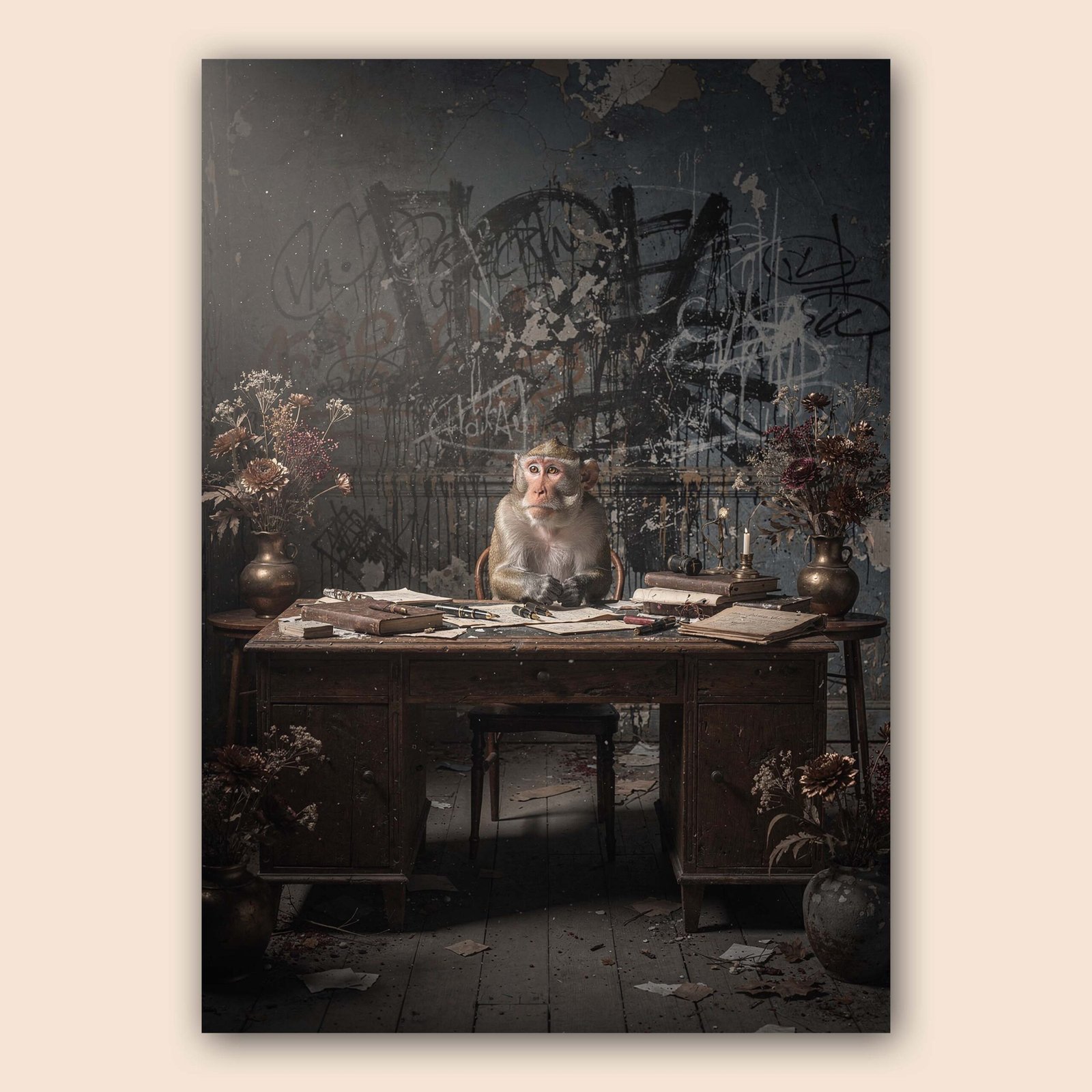 Affiche d'un singe pensif à un bureau