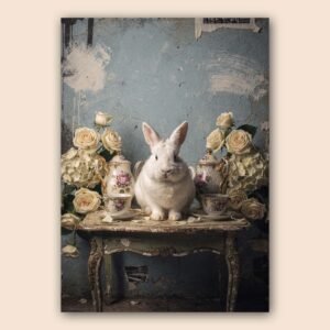 Affiche murale d'un lapin blanc avec des roses