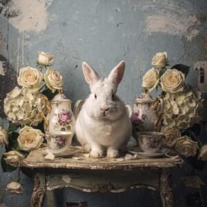 Affiche murale d'un lapin blanc avec des roses