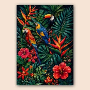 Affiche murale A3 avec perroquets et fleurs exotiques