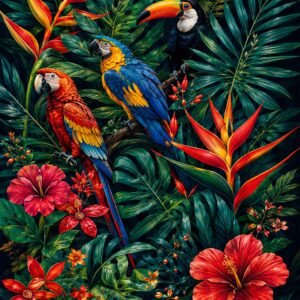 Affiche murale A3 avec perroquets et fleurs exotiques