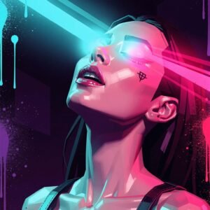 Affiche murale d'une femme futuriste avec des lumières roses et bleues
