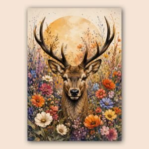 Illustration d'un cerf dans un champ de fleurs