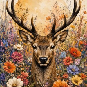 Affiche d'un cerf entouré de fleurs colorées