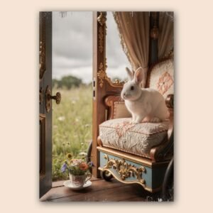 Affiche d'un lapin sur un fauteuil vintage