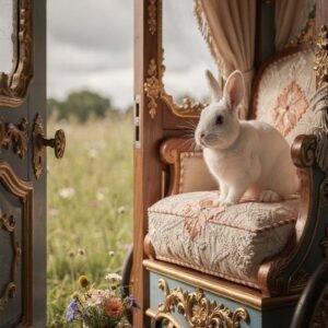 Affiche d'un lapin sur un fauteuil vintage