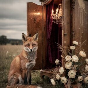 Renard devant un meuble ancien avec des fleurs