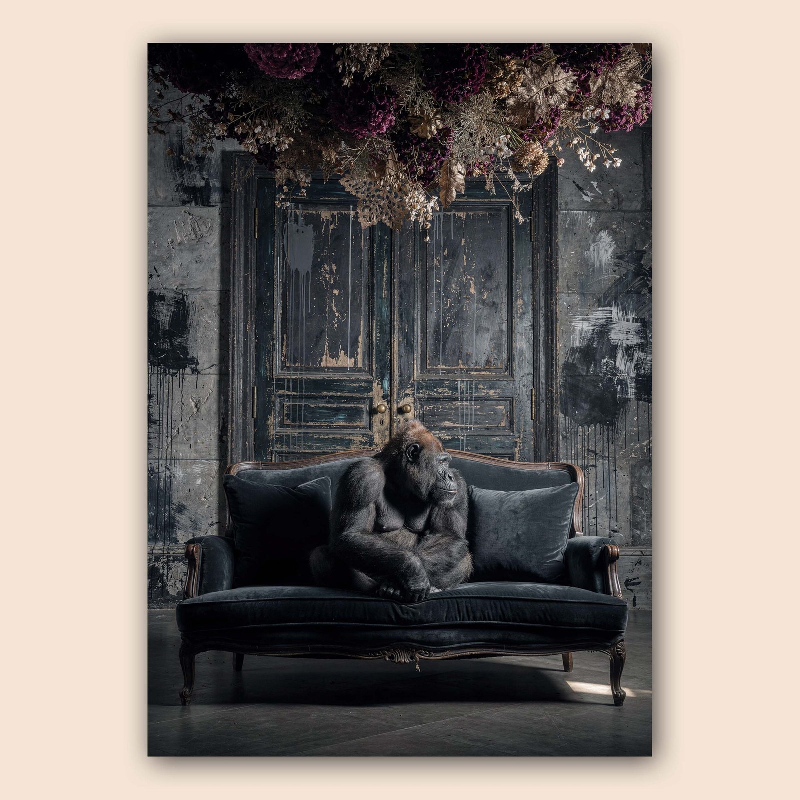 Affiche d'un gorille pensif sur un fond sombre