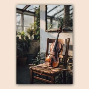 Affiche d'un violon sur une chaise en osier