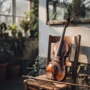 Affiche murale d'un violon sur une chaise en osier
