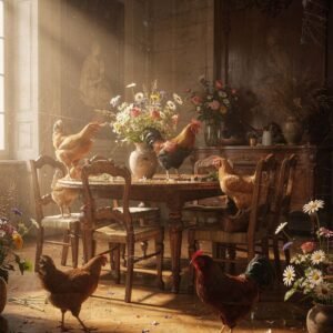 Affiche murale de poules dans une cuisine rustique