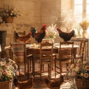 Affiche murale représentant des poules dans une ambiance rustique