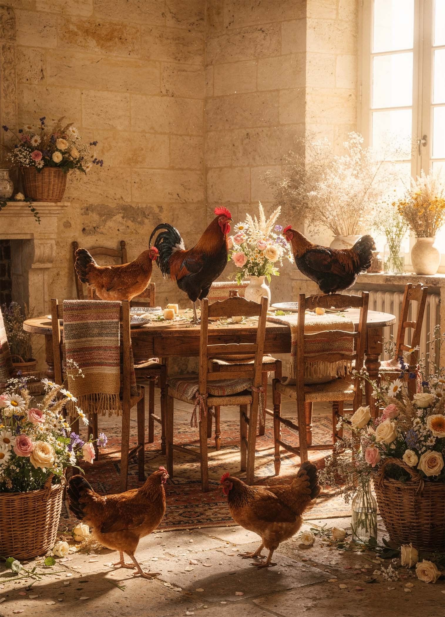Affiche murale représentant des poules dans une ambiance rustique