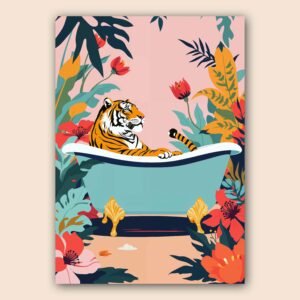 Affiche d'un tigre dans une baignoire entouré de fleurs tropicales