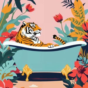 Affiche d'un tigre dans une baignoire entouré de fleurs tropicales