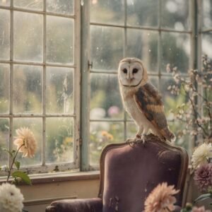 Hibou perché dans une serre avec des fleurs
