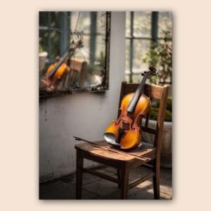 Affiche d'un violon sur une chaise en bois