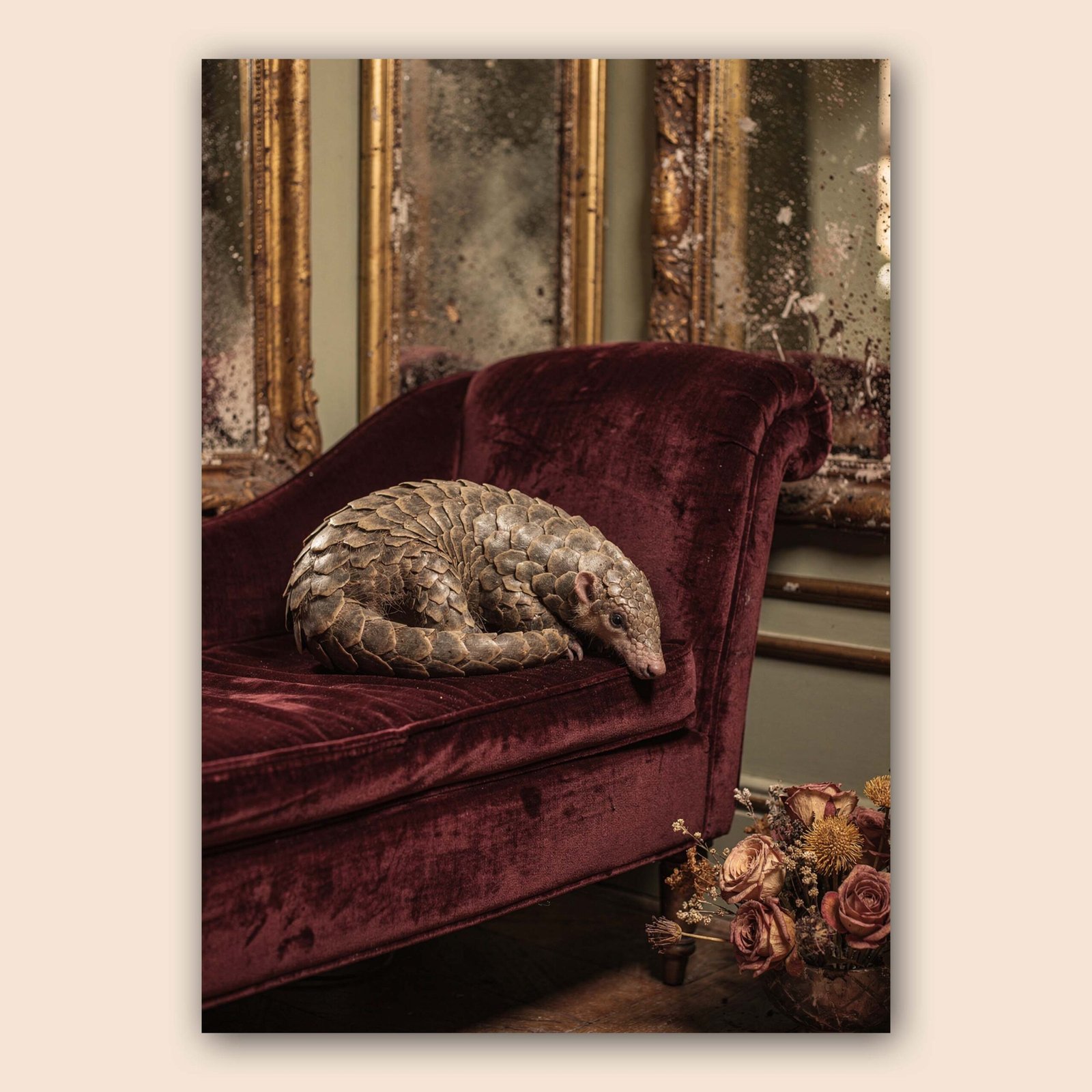 Affiche d'un pangolin sur un canapé en velours