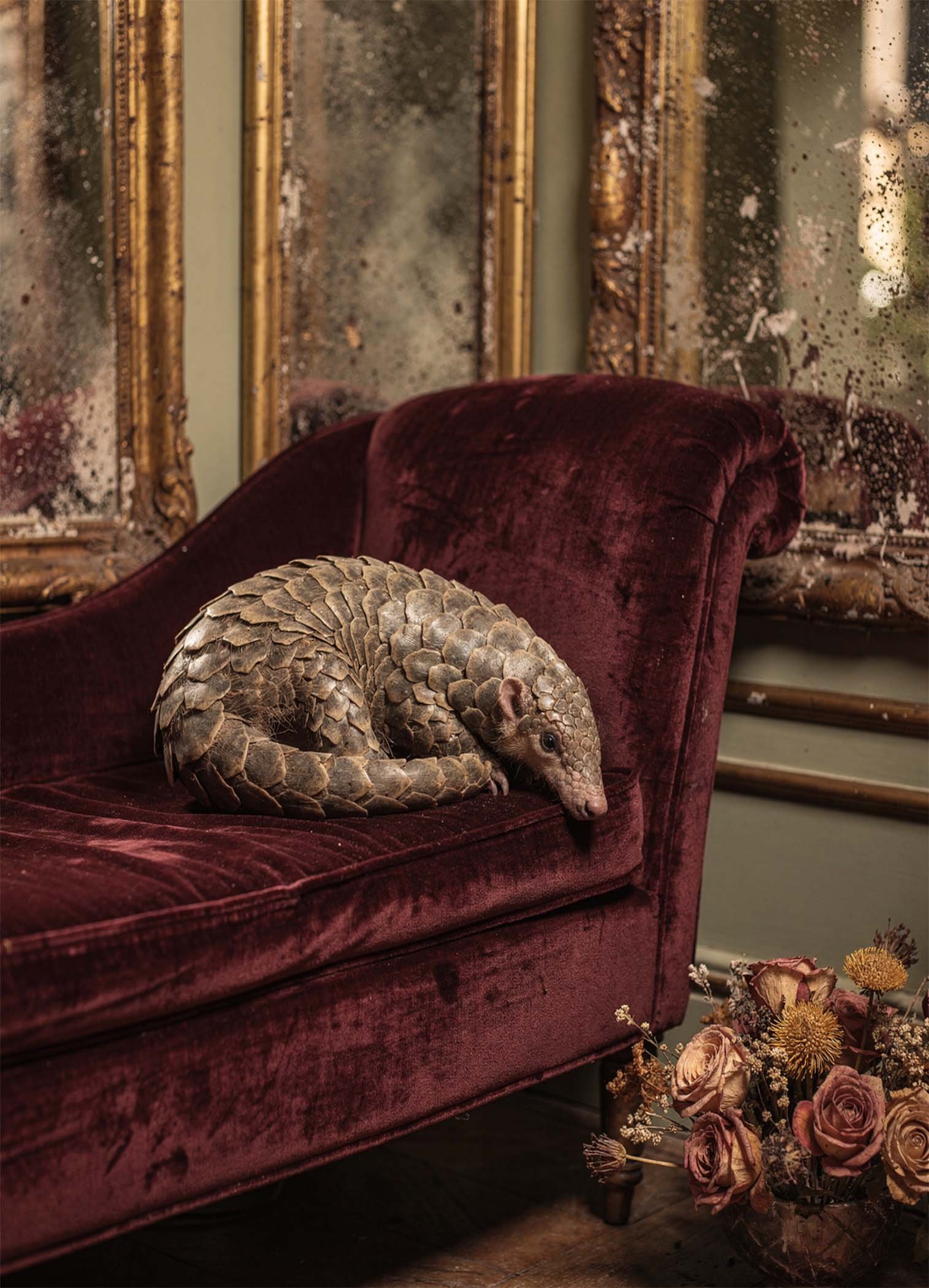 Affiche d'un pangolin sur un canapé en velours