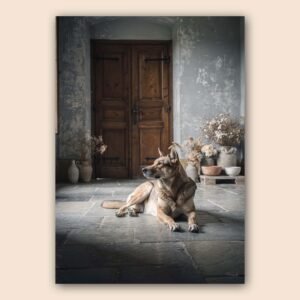Affiche d'un chien dans un intérieur rustique