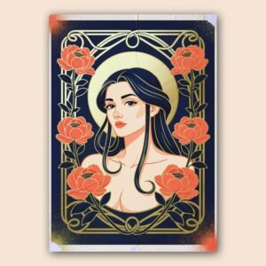 Affiche femme avec fleurs rouges et dorées