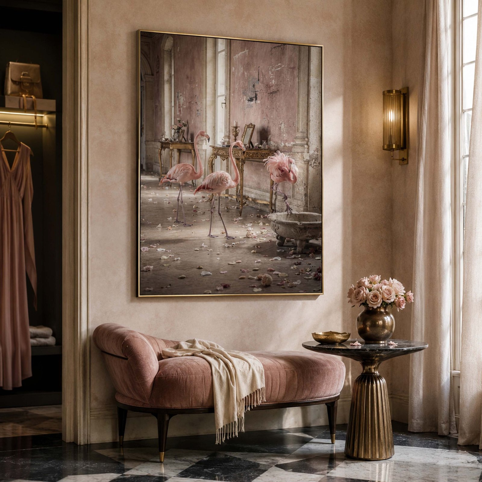 Affiche flamants roses dans un salon
