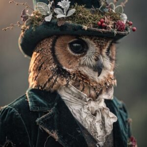 Hibou en costume vintage avec chapeau