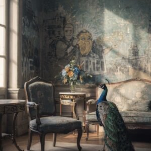 Affiche murale d'un paon dans un intérieur vintage