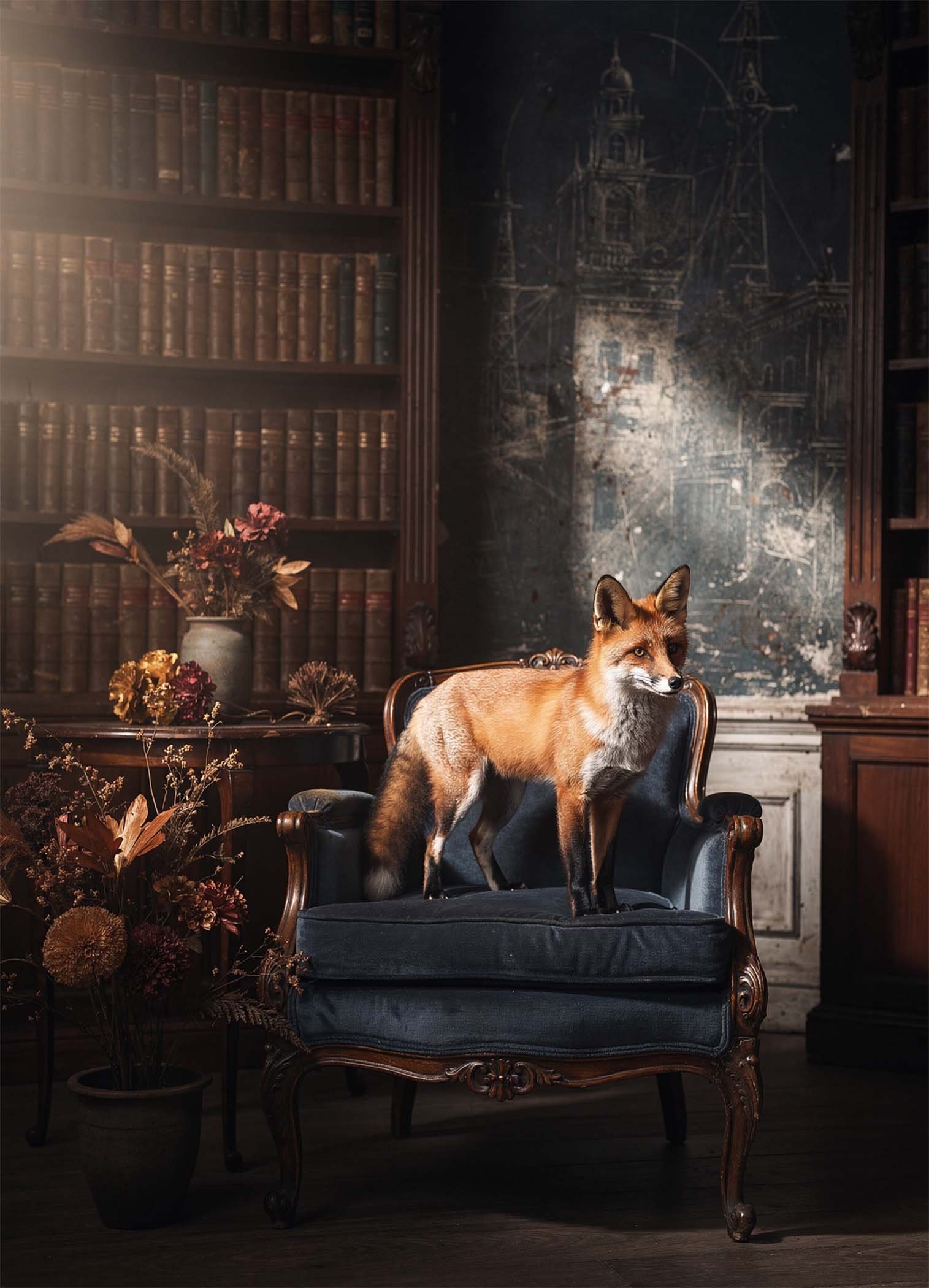 Affiche murale d'un renard sur un fauteuil