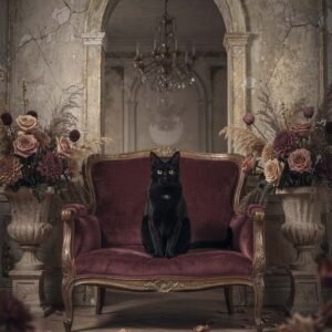 Affiche d'un chat noir sur un canapé rouge