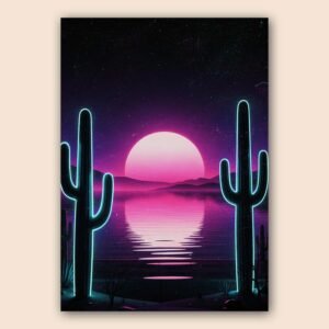 Affiche cactus au coucher de soleil rose et violet