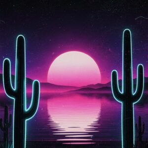 Affiche représentant des cactus au coucher de soleil rose et violet